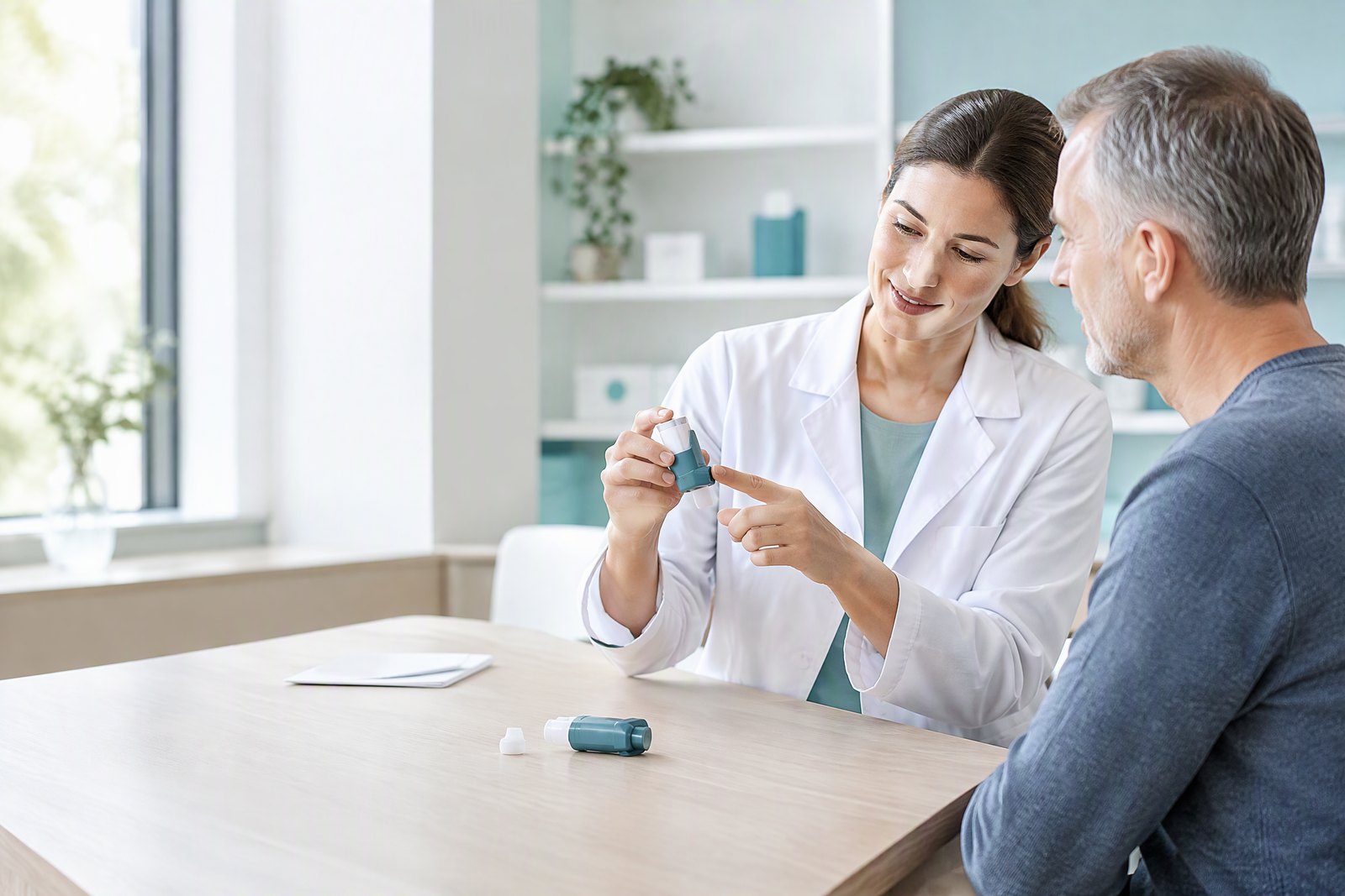 Apothekerin erklärt einem Patienten die richtige Anwendung eines Inhalators